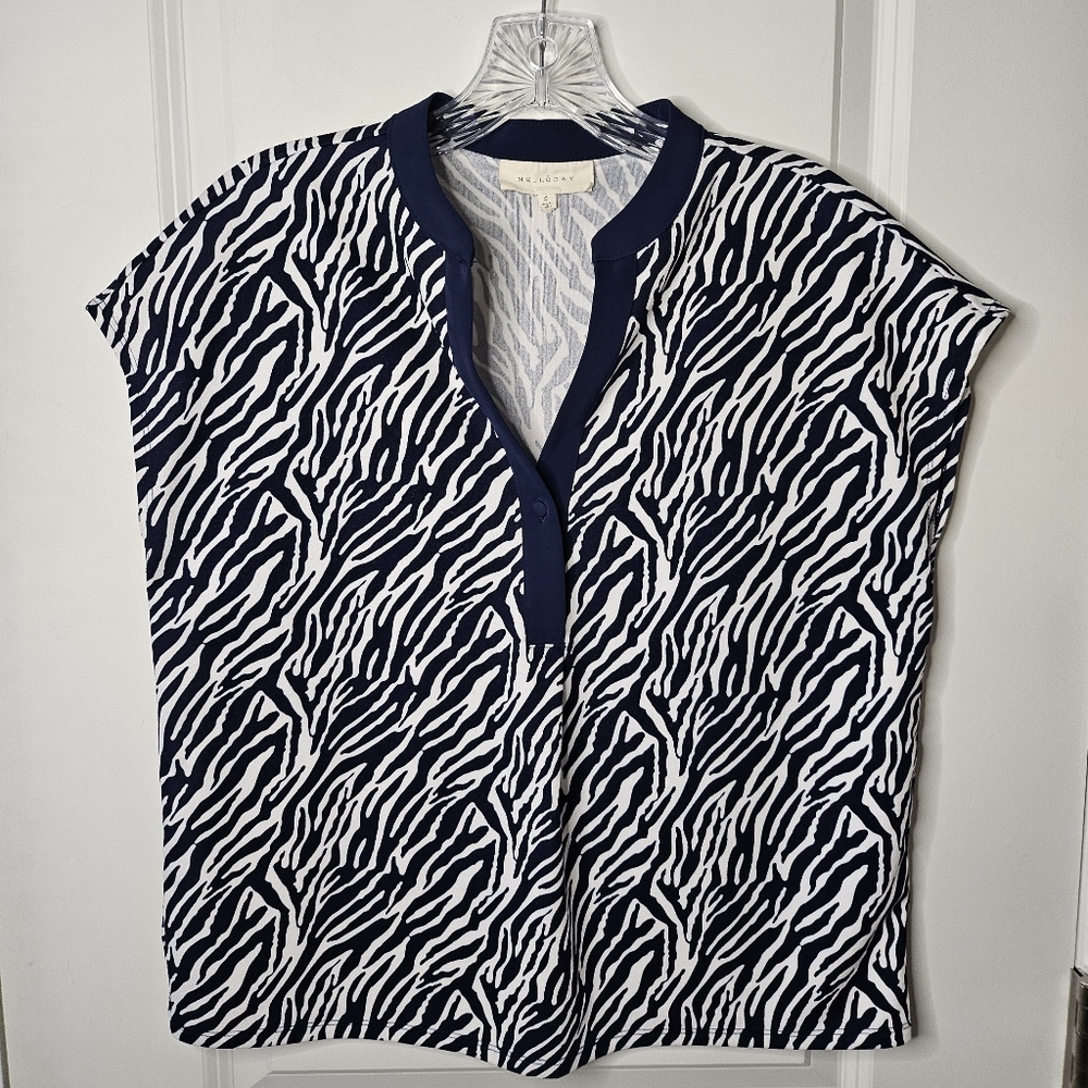 Melloday Blouse Size Small Navy White Zebra Print Cap Sleeve V-Neck Shell Top - Picture 2 of 8